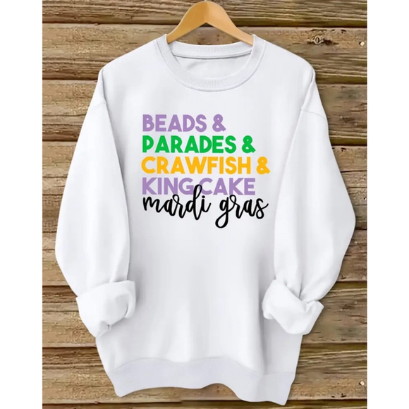Boutique Sweaters - Mardi Gras Beads, Parades, Crawfish & King Cake Shirt in White